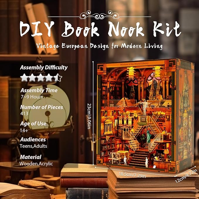 Book Nook Kit - DIY Miniature World Library Booknook - 3D Wooden Puzzle with LED Lights - Creative Bookshelf Insert & Educational Gift for Adults