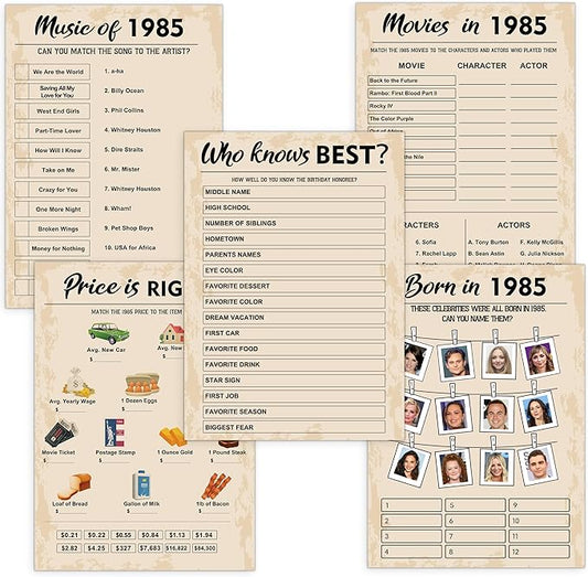 40th Birthday Party Games, Born in 1985 Games Bundle, Set of 5 Activities for 10 Guests, Birthday Party Supplies for Adults, Pack of 50 Cards
