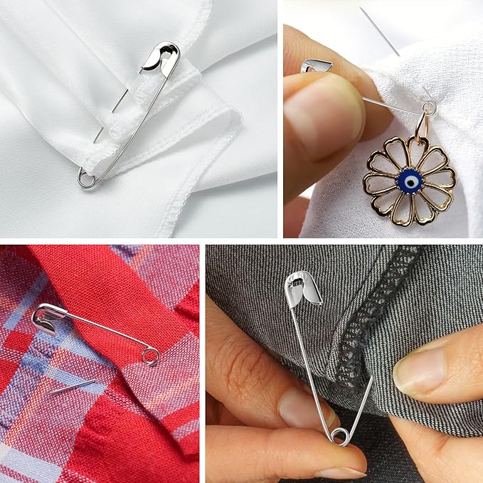 Silver Safety Pins 300 PCS, 5 Assorted Sizes of Durable, Small and Large Safety Pins Bulk, Sharp Edge Pins for Clothes, Sewing, Arts & Craft