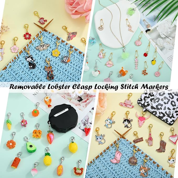 BEEFLYING 16Pcs Cowboy Stitch Marker Charms for Crocheting and Knitting, 8 Styles Brown Alloy Enemal Crochet Knit Stitch Marker Pendant with Leverback Clasp for Knitting Crocheting Accessories