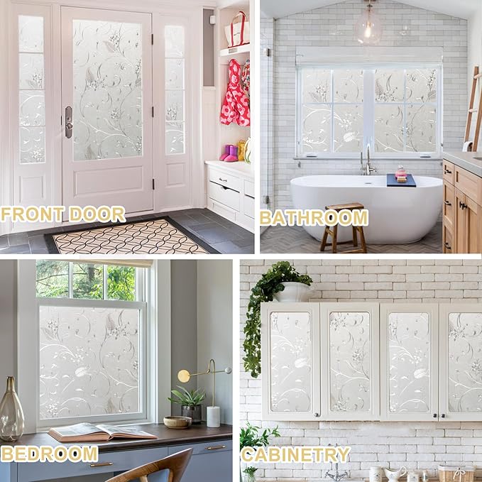 Window Privacy Film Decorative for Front Door, Bathroom Static Cling Stained Glass Sticker Opaque Heat Control UV Blocking Non-Adhesive for Home Windows,Horsetail