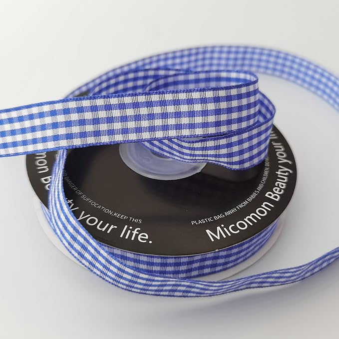 Blue and White Woven Edge Plaid Ribbon 100% Polyester Gingham Ribbon 25 Yards Each Roll (5/8", Blue)