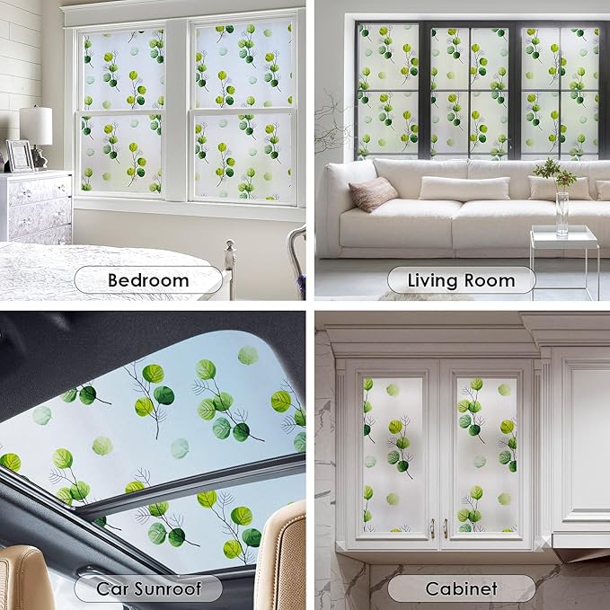 DKTIE Eucalyptus Leaves Stained Glass Window Film with Installation Tools, INS Style Window Privacy Film Decorative, Nordic Style for Home Decor (S541, 17.7'' x 118.1'')