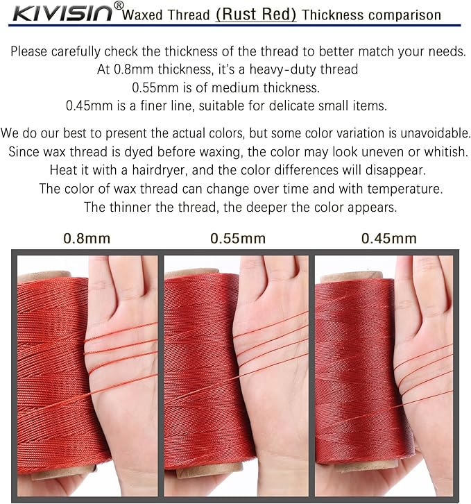 Thin Wax Polyester Thread, 0.45mm, 547 Yards, 3 Ply Round Waxed Cord Strings for Sewing, Beading, Binding, Micro Braiding, Fine Leather Craft and Micro Macrame Jewelry - Rust Red