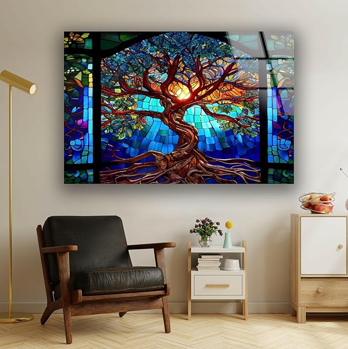 My Photostation.com 28Wx18H'' Stained Blue Life of Tree Glass Wall ArtTempered Glass Printing Wall Decor Large Wall Art Wall Hangings