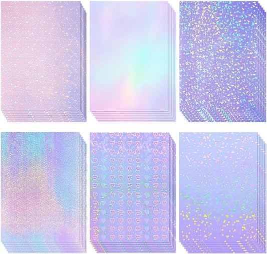 Clabby 36 Sheets Holographic Sticker Paper A4 Vinyl Sticker Paper Self Adhesive Waterproof Transparent Film, 11.7 x 8.3 inches(Gem, Dot, Colorful, Star, Heart, Sand Star)