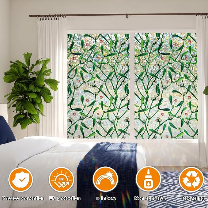 Window Privacy Film Stain Glass Window Film Rainbow Window Film Window clings Non-Adhesive Reusable Decorative for Room (Mistletoe Rainbow, 45.27 x 157.4 in)