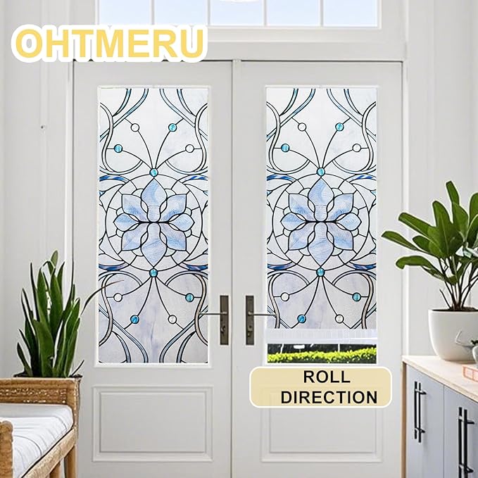 3D Stained Glass Window Privacy Film, Heat Control UV Blocking Static Cling Decorative Window Film for Bathroom,Front Door,Home Non Adhesive,23.6 x 35.4 inches Azure Bloom