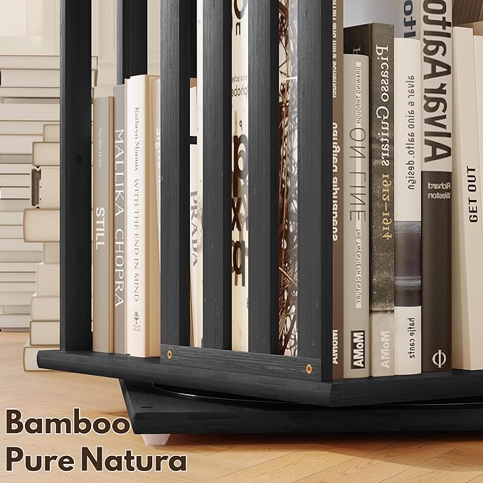 YOWOS Rotating Bookshelf Tower, 360 Display Spinning Bookcase, Bamboo Bookshelf Floor Standing Storage Rack, Wood Narrow Book Shelf Organizer for Kids&Adults (Black, 6 Tier)