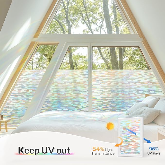 rabbitgoo Window Privacy Film with Installation Tools, Stained Glass Window Film Rainbow Prism Decorative Glass Clings for Home Decor, Static Cling Covering Sun Blocking, 35.4" x 157.4"