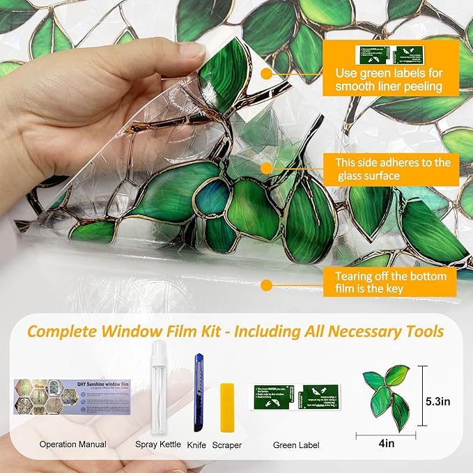 Stained Glass Window Privacy Film Decorative Rainbow Static Clings – Ideal for Home & Office, Adhesive-Free, Removable, UV-Blocking (Green Rainbow, 23.6 X 78.7 in)