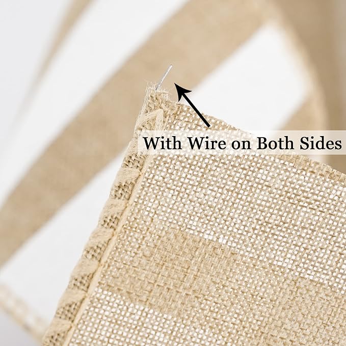 MEEDEE Burlap Ribbon with White Stripe Burlap Ribbon 2.5 Inch Wired Ribbon for Cakes Gift Basket Bow Wreath Ribbon for Rustic Front Door Wreath Baby Shower Beach Party Farmhouse Decor, 10 Yards