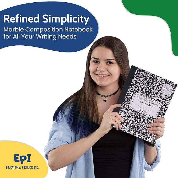 EPI Marble Hardcover College Ruled Composition Notebook | 200 Pages (100 Sheets), 9.75 x 7.5 in, Sturdy Sewn Binding | School, Office, Journaling, Notes - 6 Pack
