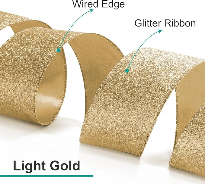 CT CRAFT LLC Glitter Wired Ribbon 2.5" x 10 Yards Light Gold for Christmas Home Decor Bow Gift Wrapping DIY Crafts Wreath