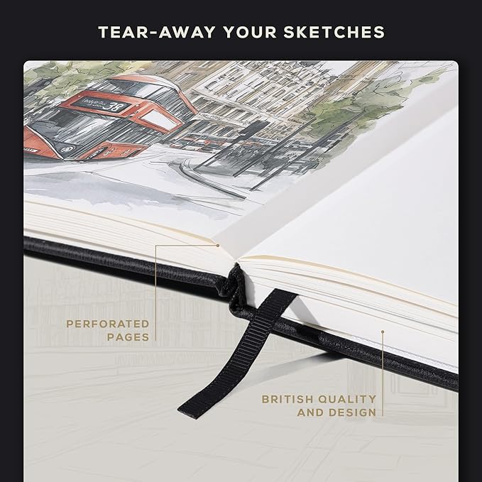 Beechmore Books A5 Sketch Book – 5.8"x8.3" Premium Vegan Leather Hardcover Sketchbook, 96 Thick 300gsm Perforated Ivory Pages, Ideal for Sketching, Watercolor & Mixed Media, Includes Back Pocket