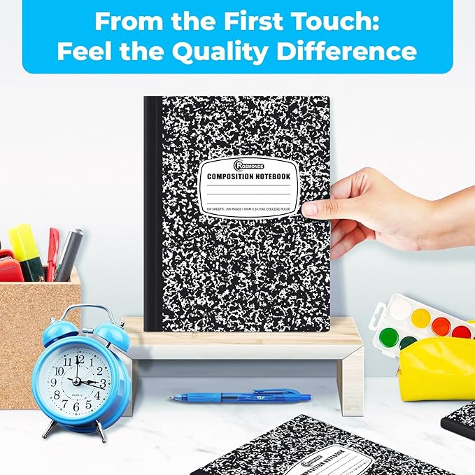 Rosmonde College Ruled Composition Notebooks 5 Pack, 200 Pages (100 Sheets), 9-3/4" x 7-1/2", White & Black Marble Composition Book, Hard Cover, Sturdy Sewn Binding, School, College & Office Supplies