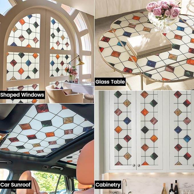 DKTIE Stained Glass Window Film Geometric Patterns, Fine Frosted Window Clings for Glass Windows, Waterproof for Bathroom Window Privacy Film Day and Night (S533, 17.7in X 118.1in)
