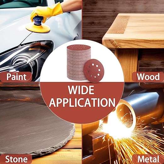 300pcs Sanding Discs Set, 5-Inch 8-Hole Sandpaper, Including 60,80,100,120,150,180,240,320,400,600 Grit for Woodworking or Automotive