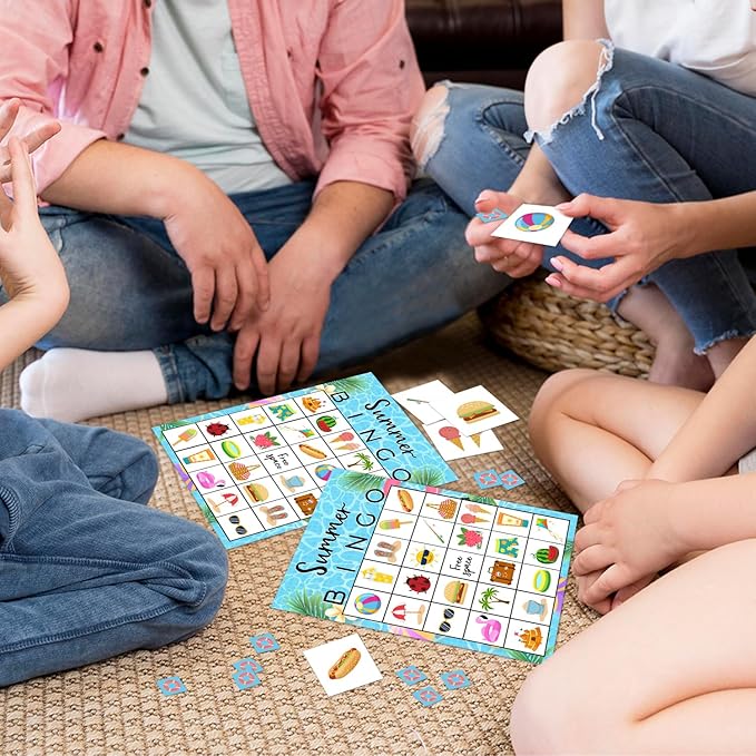 Summer Party Bingo Game Cards(24 Players), Hawaiian Bingo Card for Family Friend Adult, Large Group Holiday Beach Party Activity Favor Decoration Supplies -008