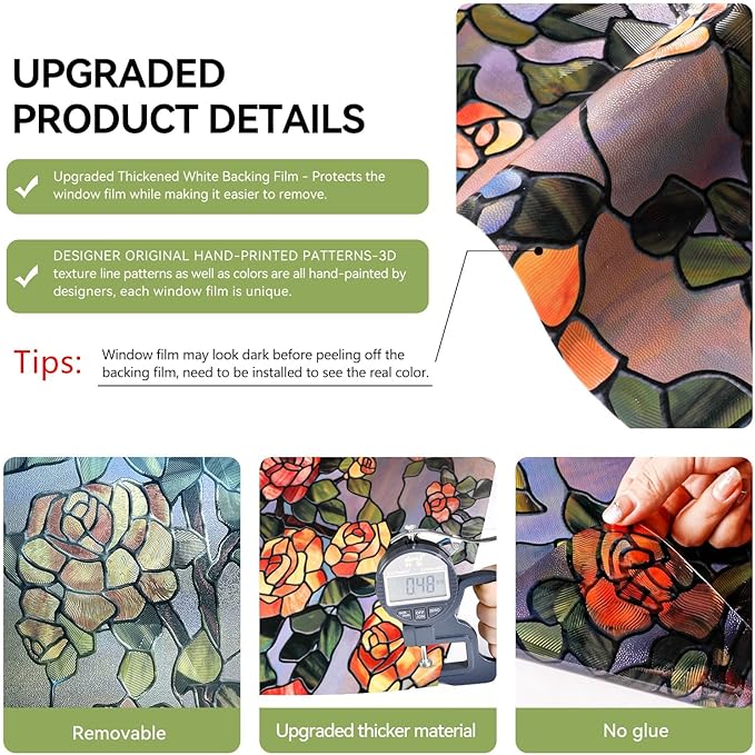 Stained Glass Window Film, 3D Decorative Window Privacy Film for Bathroom,Front Door,Home, Sun Blocking Heat Control,Static Cling, The Beast's Rose 17.3inch x 47.2inch