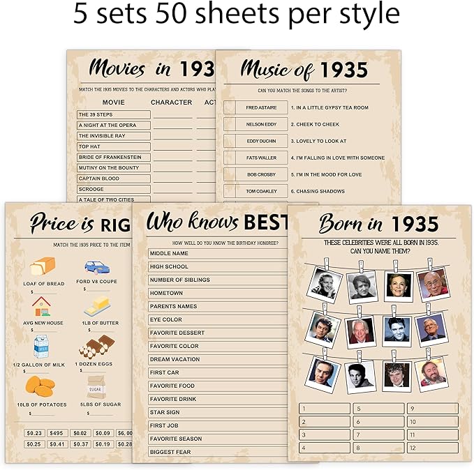 90th Birthday Party Games, Set of 5 Activities for 10 Guests, Born in 1935 Games Bundle, Birthday Party Supplies for Adults, Pack of 50 Cards