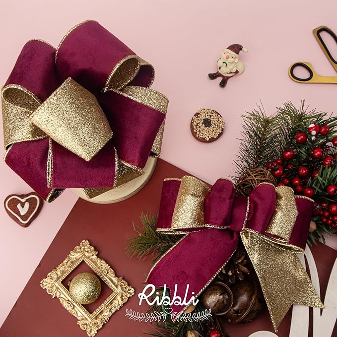 Ribbli Burgundy Velvet Wired Ribbon 2.5 Inch Burgundy Velvet with Gold Glitter Christmas Ribbon for Christmas Tree Decoration Big Bow Gift Wrapping Crafts Wreaths Supplies- 10 Yards