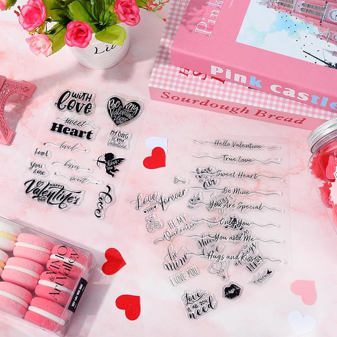 Whaline 4 Sheet Valentine's Day Words Clear Stamps Love Heart Silicone Transparent Stamps Border Stamp Cards for DIY Craft Card Making Scrapbooking Embossing Album Decor