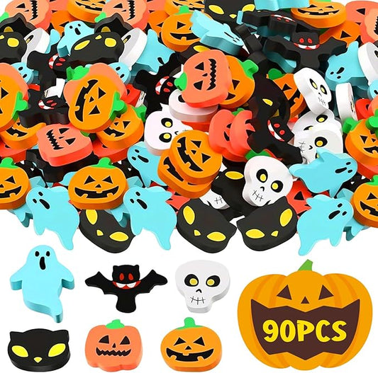 90 Pcs Halloween Mini Erasers for Kids, PLULON Goody Bag Fillers Pumpkin Black Cat Bat Skull Ghost Erasers Bulk Novelty Funny Halloween Classroom Trick or Treat Party Favors Gift