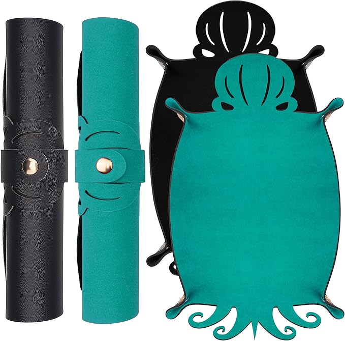 SIQUK 2 Pieces Octopus Dice Rolling Tray PU Leather Dice Mat Folding Scroll Dices Holder Trays for D&D RPG Games (Cyan, Black)