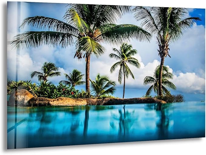 My Photostation.com 35.5Wx30H'' Island & Blue Sea Glass Wall ArtTempered Glass Printing Wall Decor Large Wall Art Wall Hangings