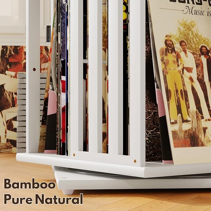 XIMN 360° Rotating Bamboo CD/DVD Shelf - 6-Tier Space-Saving Media Storage Cabinet for Movies, Organizer with Super Compact Design (White, 6 Tier)