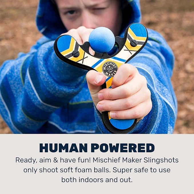 Mighty Fun! - Mischief Maker® Wooden Slingshot - Classic Series - Real Wood Slingshot for Kids, 4 Soft Foam Balls and Storage Bag - Ages 4+ (Blue)