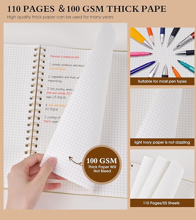 Graph Paper Notebook, Spiral Notebook Journal 8.5” x 11”, A4 Large Grid Notebooks for Women Men, 100 GSM Graph Paper, Plastic Hardcover Spiral Graphing Journals for Work School Engineerin, Yellow