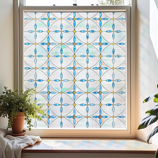 3D Stained Glass Window Film, Decorative Window Privacy Film for Bathroom,Front Door,Home, Sun Blocking Heat Control,Static Cling, Blue Tears 23.6inch x 35.4inch
