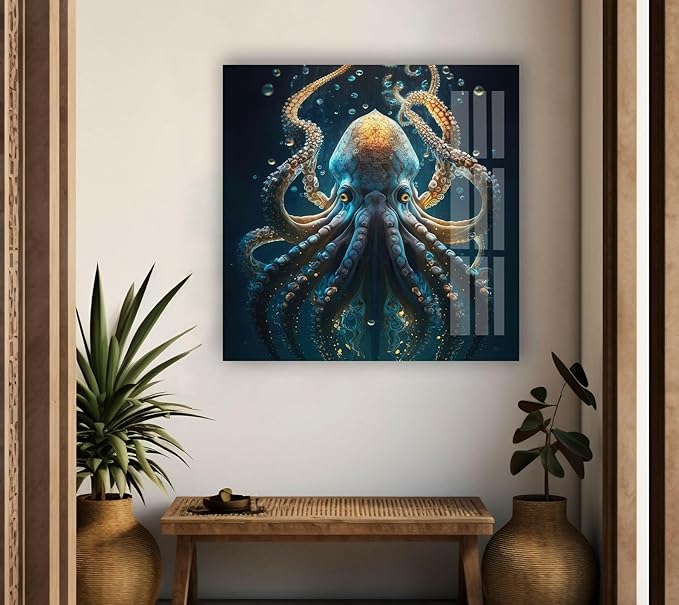 My Photostation.com 14Wx20H'' Underwater Blue Octopus Glass Wall Art Tempered Glass Printing Wall Decor Large Wall Art Wall Hangings