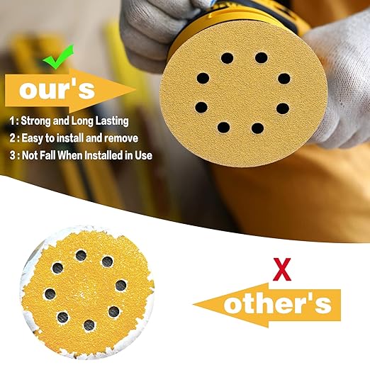 100PCS 5 Inch 8 Hole Sanding Discs 180 Grit,Gold Round Hook and Loop Sandpaper for Random Orbital Sander
