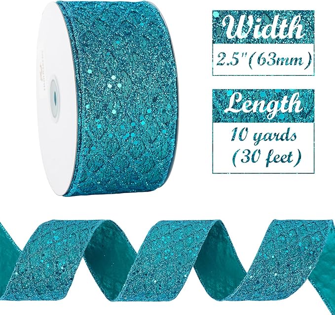 HUIHUANG Turquoise Glitter Wired Ribbon for Christmas Tree 2.5 inch Peacock Blue Diamond Mesh Ribbon for Tree Decoration, Wreaths, Garland, Gift Wrapping, Large Bows Making, Home Decor -10 Yards