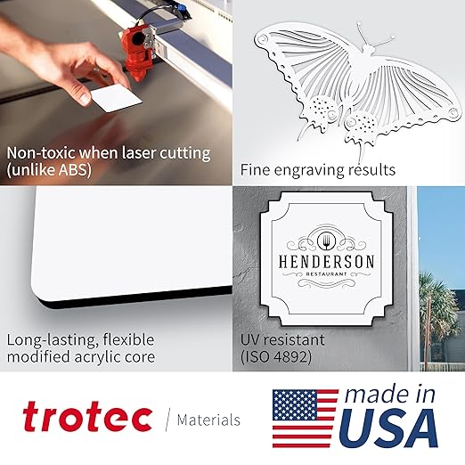Trotec TroLase | 12"x24"x1/32", 4 Pcs | White/Black | 2 Ply | Modified Acrylic | Laser Engraving Double Color Plastic Sheet | Engraving Blanks for Laser, Saw, Guillotine | Made in USA