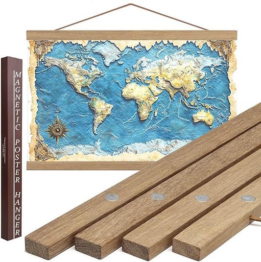 DACRI HOME 34 Inch Magnetic Poster Hanger Frame -Sturdy Teak Wood Poster Frame, Strong Magnets for Quick Hanging Maps, Posters, Picture, Print, Scroll Wall Art 34x22 34x23 34x24 (34", Natural Wood)