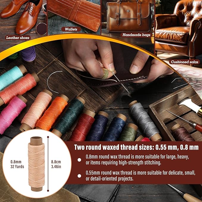 0.8 mm Leather Sewing Thread, 16 Colors 32 Yards Waxed Thread, Round Waxed Thread, Wax String for Bracelet Making, Sewing Stitching, Bookbinding, Braiding