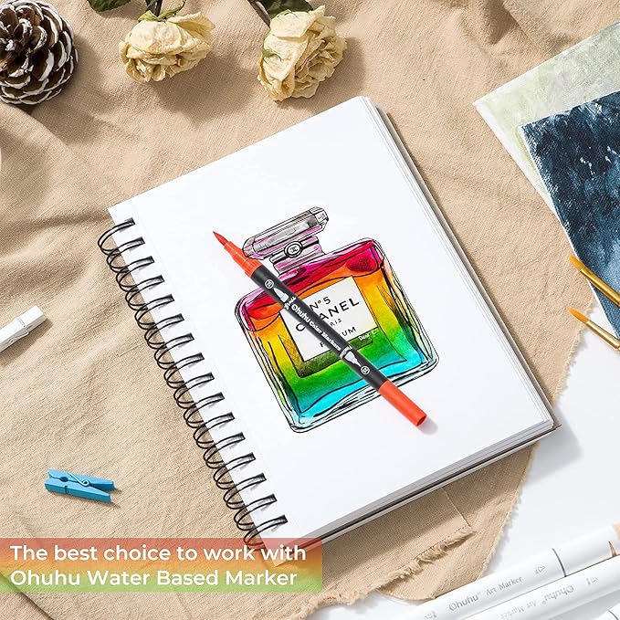 Mix Media Pad, Ohuhu Mixed Media Art Sketchbook, 120 LB/200 GSM Heavyweight Papers, 62 Sheets/124 Pages, Spiral Bound Mixed Media Paper Pad for Christmas Gift (8.5x6 in)