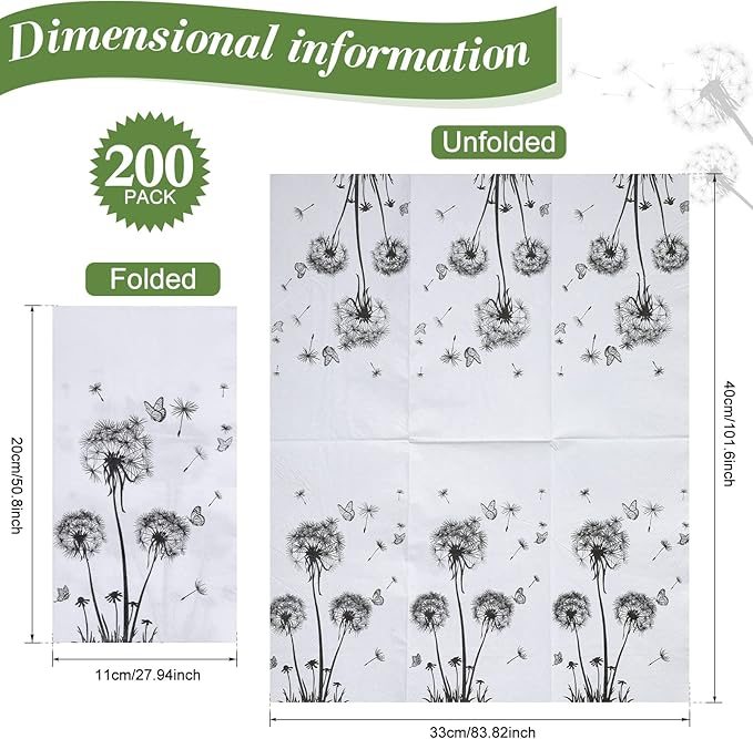 200 Sheets Dandelion Guest Towels Disposable for Bathroom Disposable Paper Napkins for Dinner Party Kitchen Floral Paper Hand Towels for Guest Party Supplies (4.3 x 7.9 Inch)