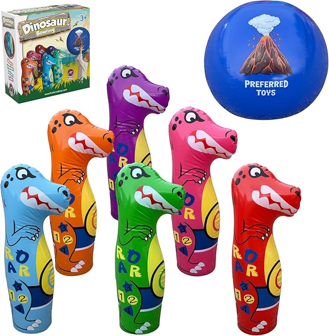 Inflatable Dinosaur Bowling Set for Kids – 6 Giant 26” Pins & 24” Ball – Fun Indoor/Outdoor Game – Educational Motor Skills Toy – Great Birthday Gift – Teaches Numbers, Letters & Shapes