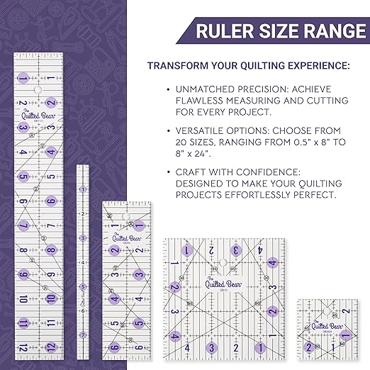 The Quilted Bear Quilting Rulers - Transparent Acrylic Non Slip Quilting, Patchwork & Sewing Ruler with Clear Black Lines & 30, 45 & 60 Degree Angles for Perfect Accuracy & Precision (4" x 4")