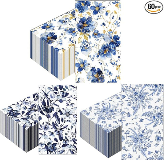 60 Pack 3 Styles Blue Floral Napkins for Decoupage Toile Napkins Flower Cocktail Decorative Paper for Birthday Party Beautiful Gorgeous, 12.9 * 15.7 inch