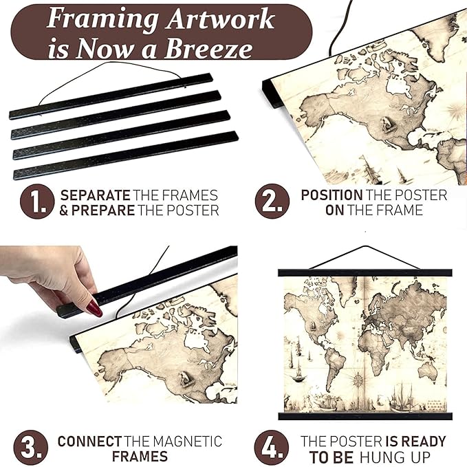 DACRI HOME 28" Wide Teak Magnetic Poster Hanger, 28x22 28x36 28x40 Wood Poster Frame for Picture Canvas Print Map Scroll Wall Art Hanging, (28 Inch, Black)