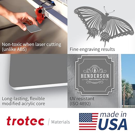 Trotec TroLase | 12"x12"x1/16", 8 Pcs | Smoke Grey/White | 2 Ply | Modified Acrylic | Laser Engraving Double Color Plastic Sheet | Engraving Blanks for Laser, Saw, Guillotine | Made in USA