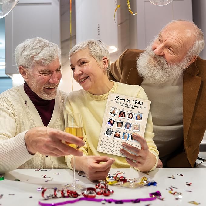 80th Birthday Party Games, Set of 5 Activities for 10 Guests, Born in 1945 Games Bundle, Birthday Party Supplies for Adults, Pack of 50 Cards
