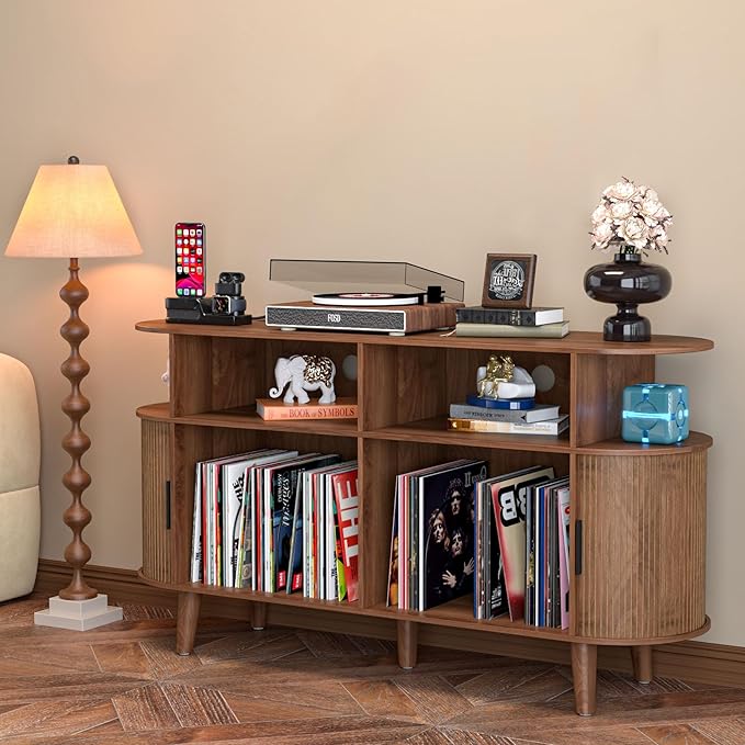 Large Round Record Player Stand with Charging Station & USB Ports，Record Storage Cabinet, Mid Century Modern Turntable Stand for Bedroom Living Room (Walnut)