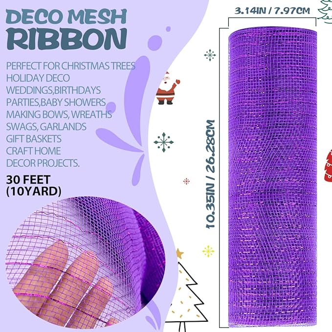 Anivia Deco Mesh Ribbon, 10inch x 30 Feet Each Roll Metallic Foil Mesh Ribbon for Wreaths Swags, Holloween, and Christmas Tree Decoration (Purple/Purple Foil)